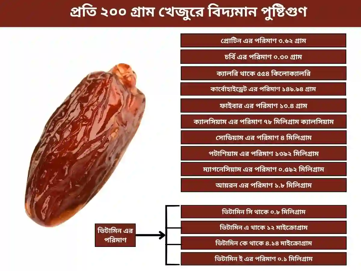 প্রতি ২০০ গ্রাম খেজুরে বিদ্যমান পুষ্টিগুণ সমূহ বিস্তারিত